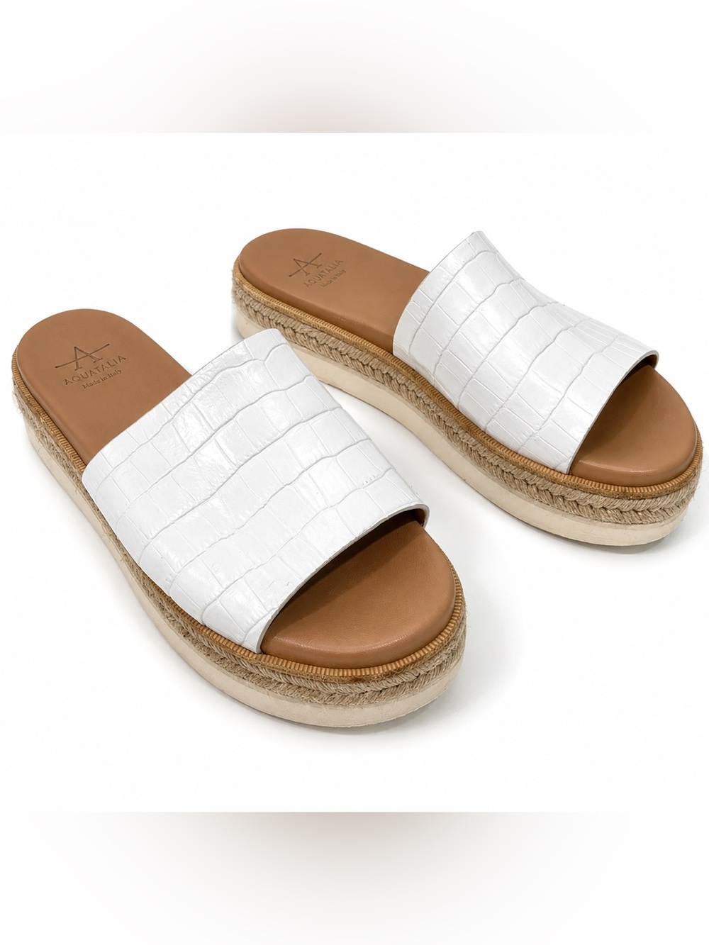 Aquatalia White Croc Embossed Leather Espadrille Flatform Slide Sandals 8 Italy